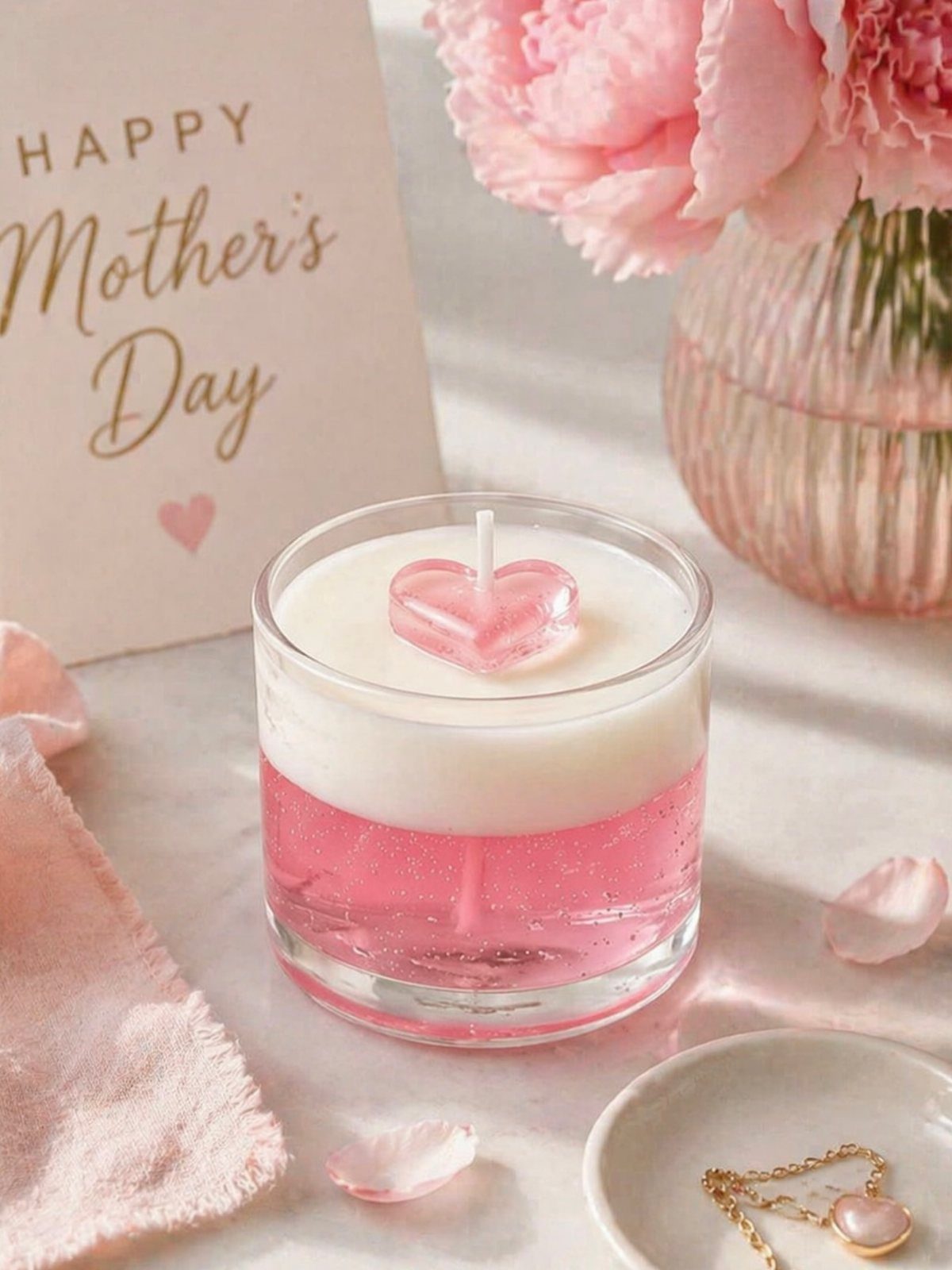 Layered pink and white candle jar with a heart topper and Mother's Day card.
