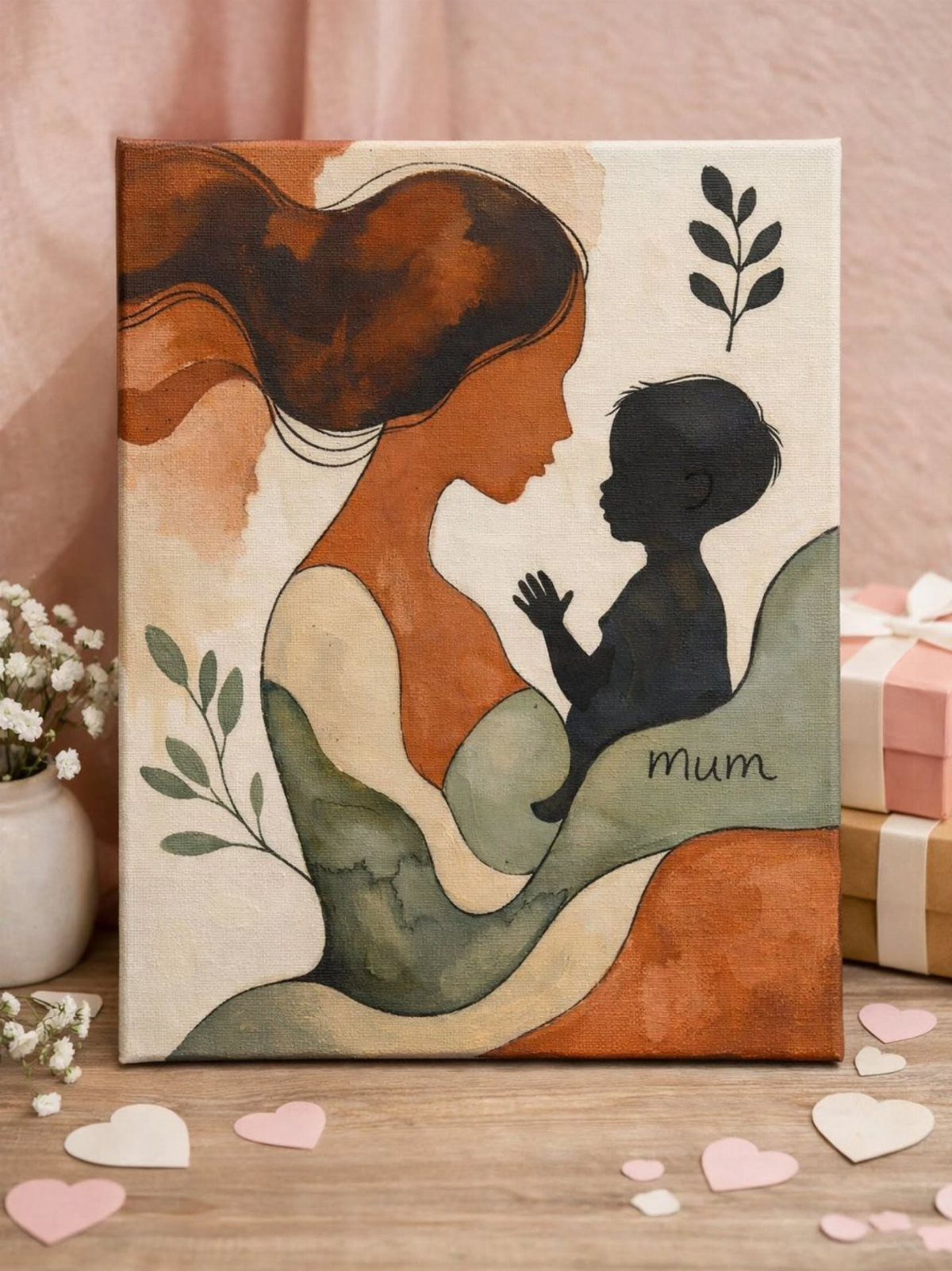 Canvas painting of a mother and baby with the word mum and pink hearts.
