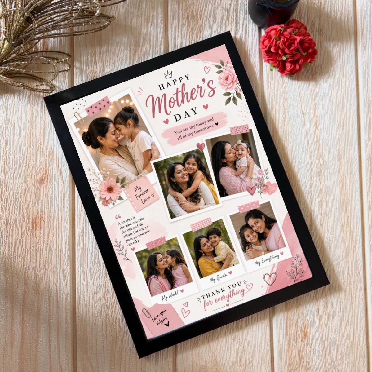 Black photo frame with a pink Mother's Day collage on a wooden table.