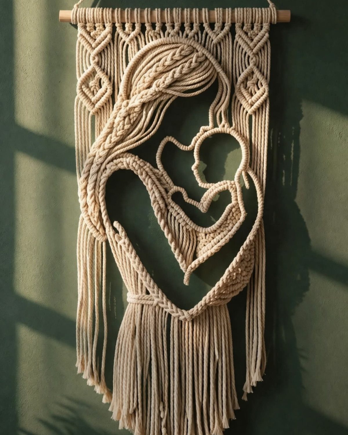Macrame wall hanging depicting a mother and child silhouette made from cream yarn.