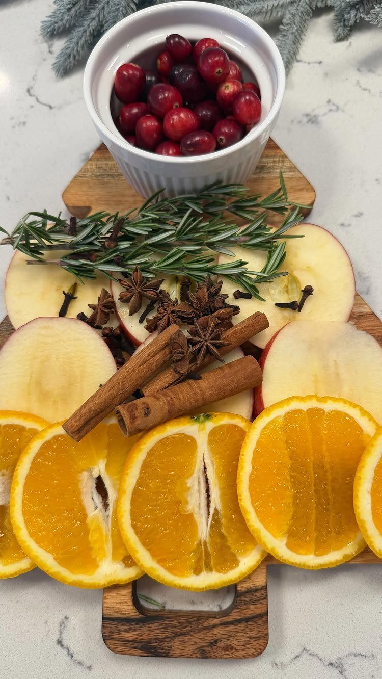 Orange slices, apple, cinnamon, and star anise arranged with a bowl of cranberries.