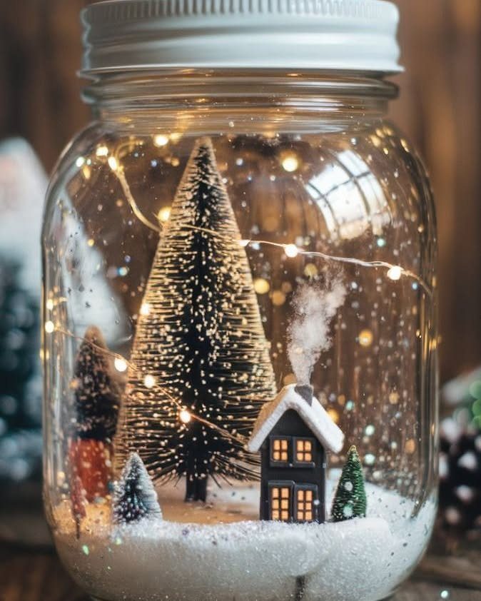 Winter scene inside a mason jar with miniature trees, a house, and fairy lights.
