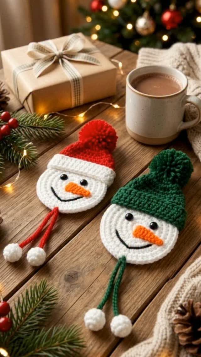 Two crocheted snowman ornaments with colorful hats on a festive wooden table setting.