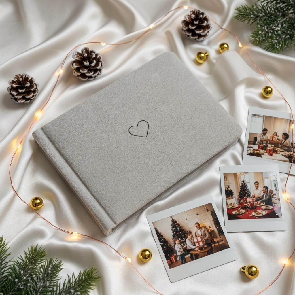 Grey photo album with heart icon surrounded by polaroids and Christmas decorations