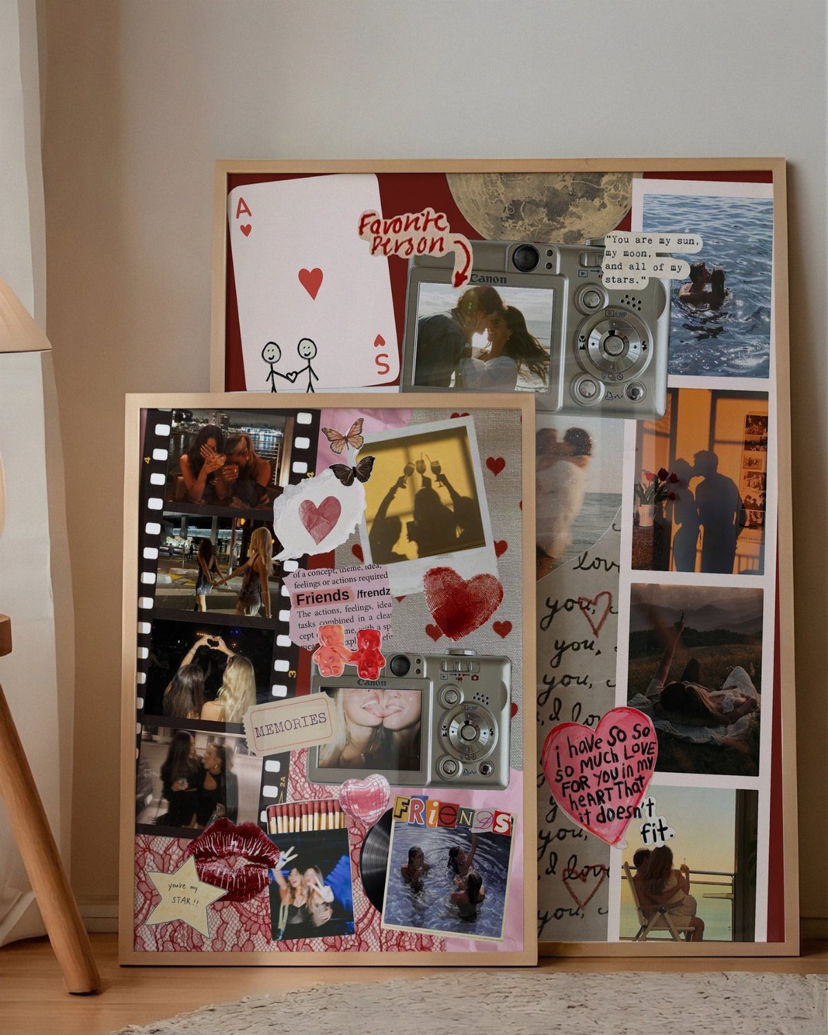 Two handmade photo collages with romantic pictures, notes, and a silver camera.