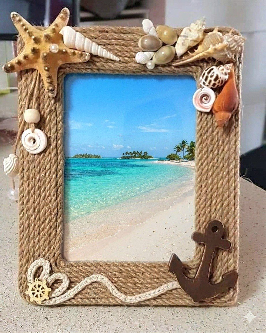 Twine-wrapped photo frame decorated with seashells and an anchor holding a beach photo.