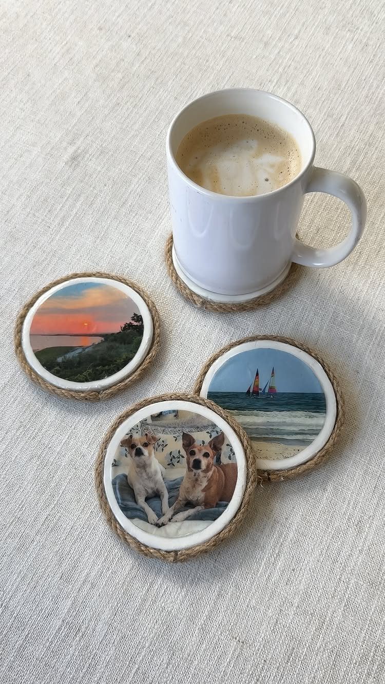 Personalized photo coasters with rope edges and a white coffee mug on linen.