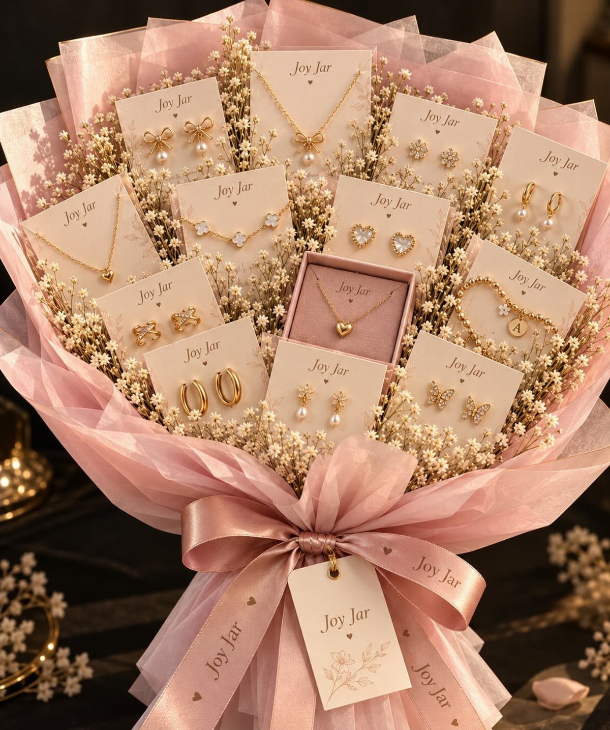 Jewelry bouquet wrapped in pink paper with dried flowers and a satin ribbon.