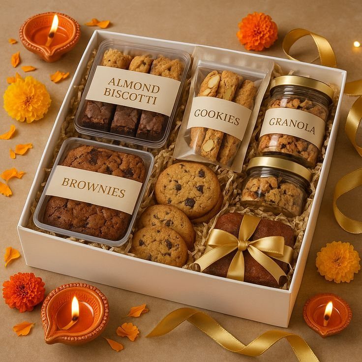 Assorted gourmet snacks in a white gift box with flowers and lit diyas