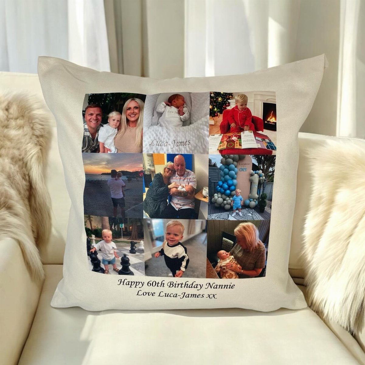White personalized throw pillow with family photo collage resting on a white sofa