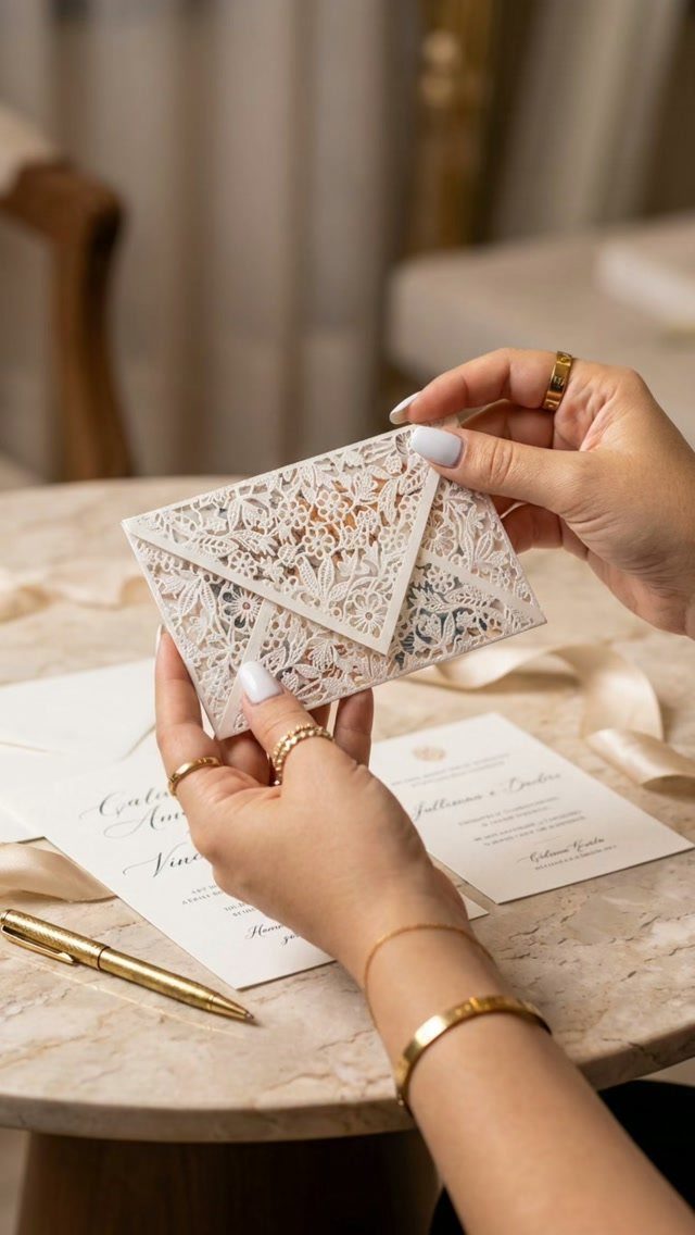 Hands holding a white laser-cut lace envelope over a marble table with invitations.