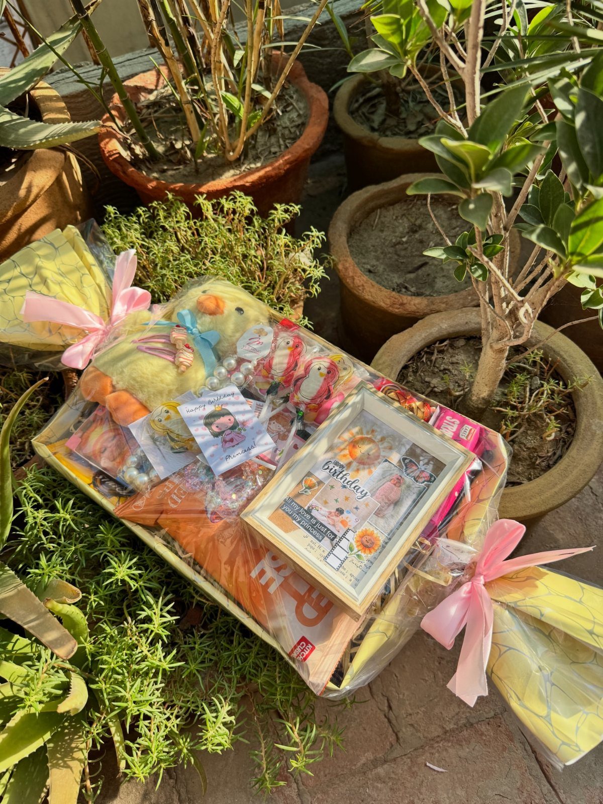 Gift basket with plush duck and framed photo wrapped in clear cellophane ribbons