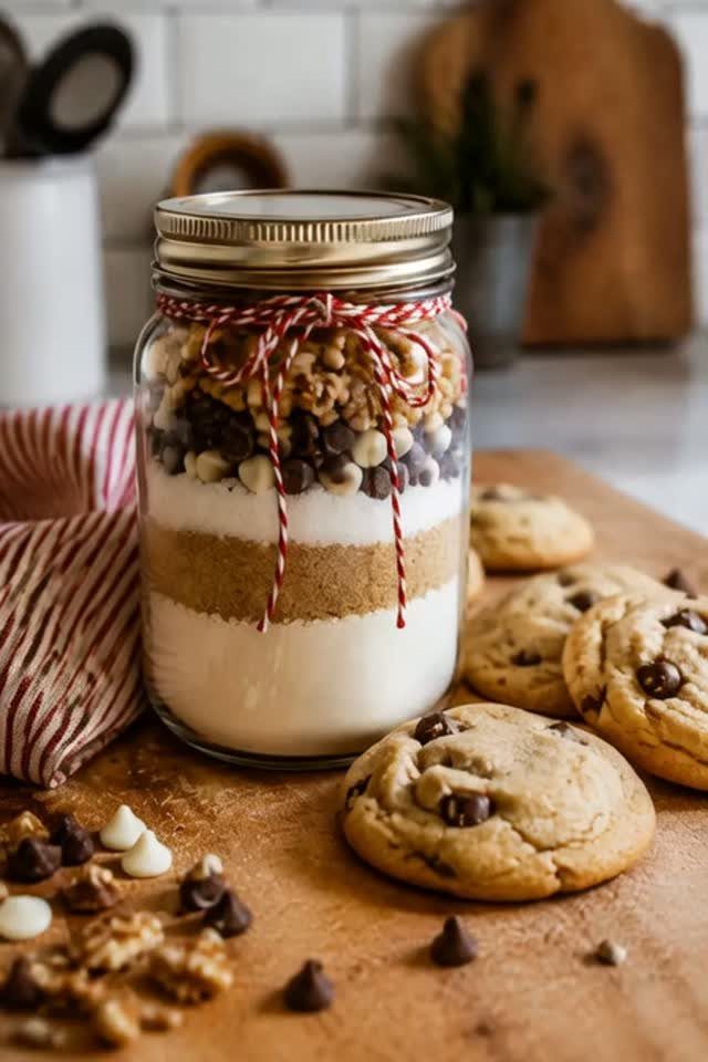 Layered cookie mix in a mason jar with baked chocolate chip cookies nearby.