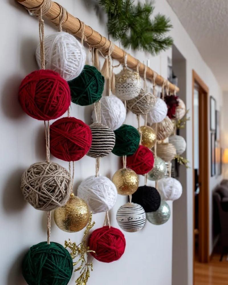 Yarn-wrapped spheres in Christmas colors hanging from a wooden dowel on a wall.