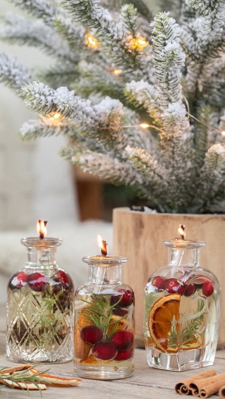 Three glass candle bottles with cranberries and orange slices before a snowy tree.