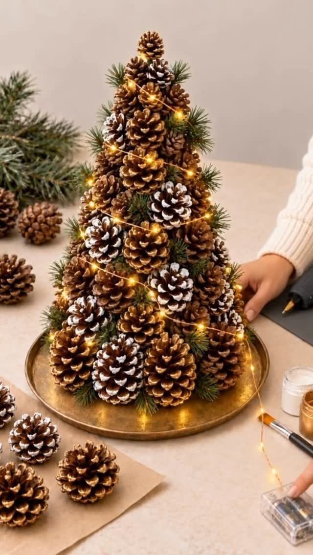 Pinecone Christmas tree decorated with fairy lights on a gold plate
