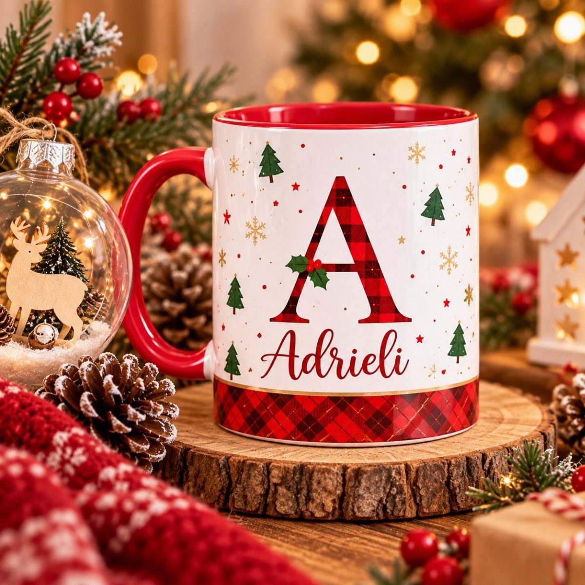 Personalized white and red Christmas mug with name Adrieli on a wooden slice