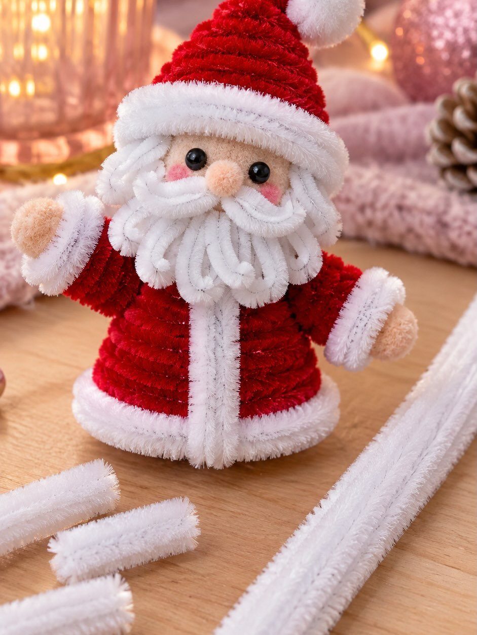 Santa Claus figure made from red and white pipe cleaners on wooden surface