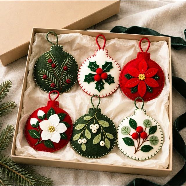 Six handmade felt Christmas ornaments with botanical embroidery in a gift box.