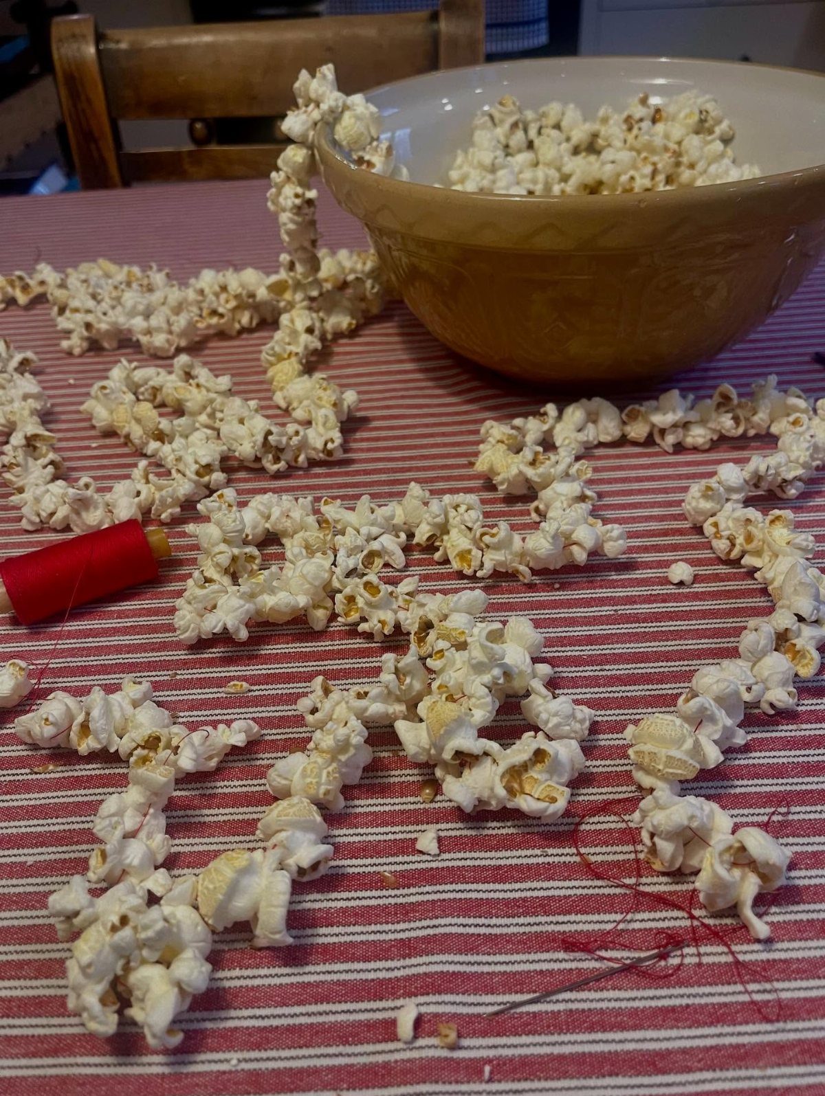 Popcorn strings resting on a red striped tablecloth next to a bowl.
