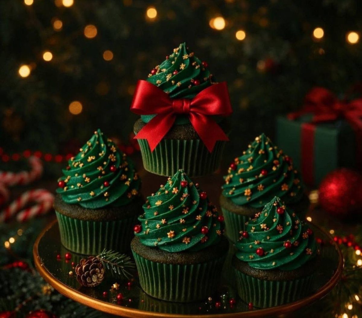 Christmas tree cupcakes with green frosting and sprinkles on a gold platter