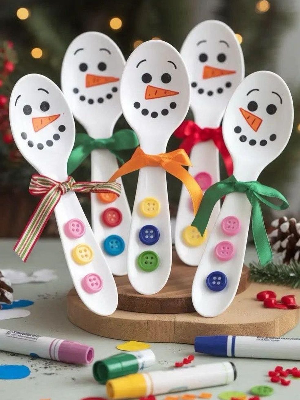 Snowman spoons with colorful buttons and ribbons standing on a wooden base.