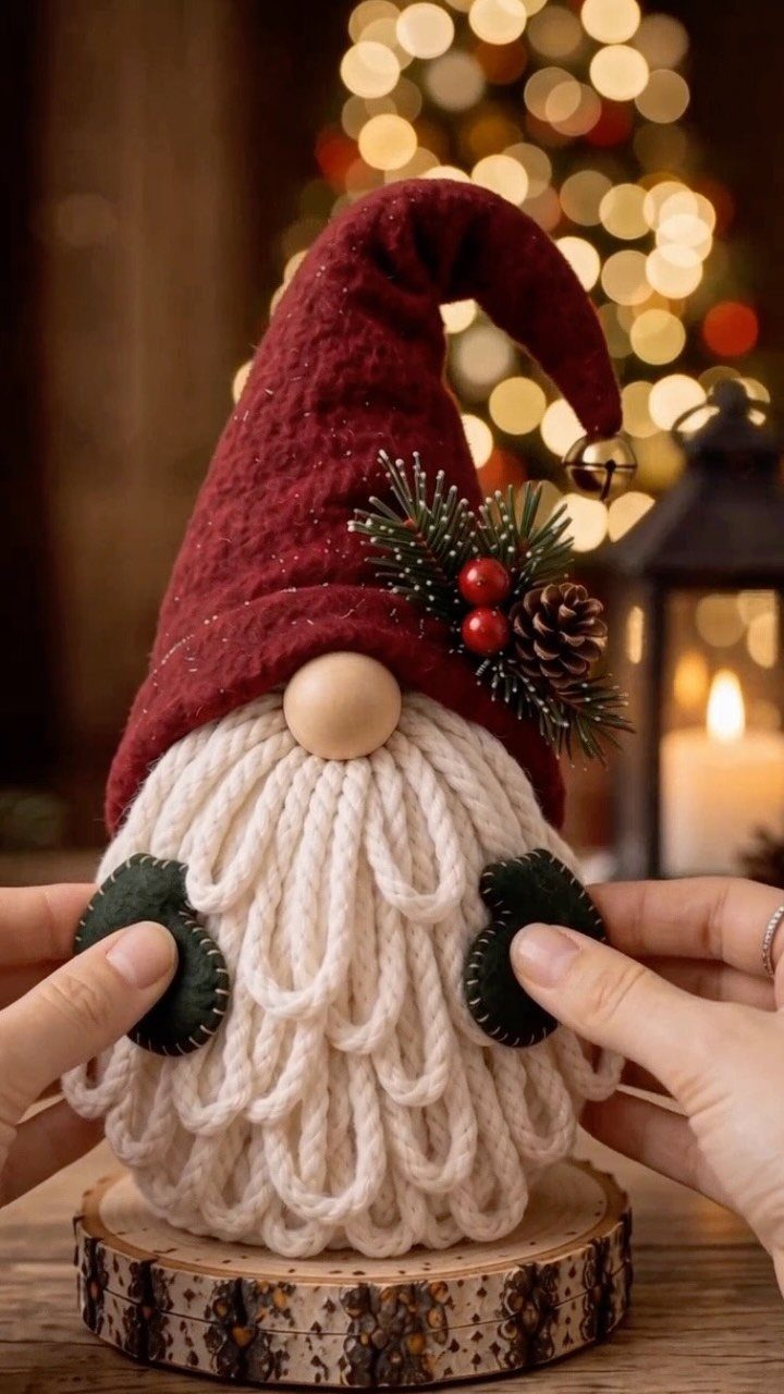 Handmade gnome figure with red hat and white yarn beard on wood slice