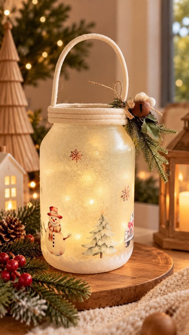 Frosted mason jar lantern with fairy lights, snowman illustration, and rope handle.