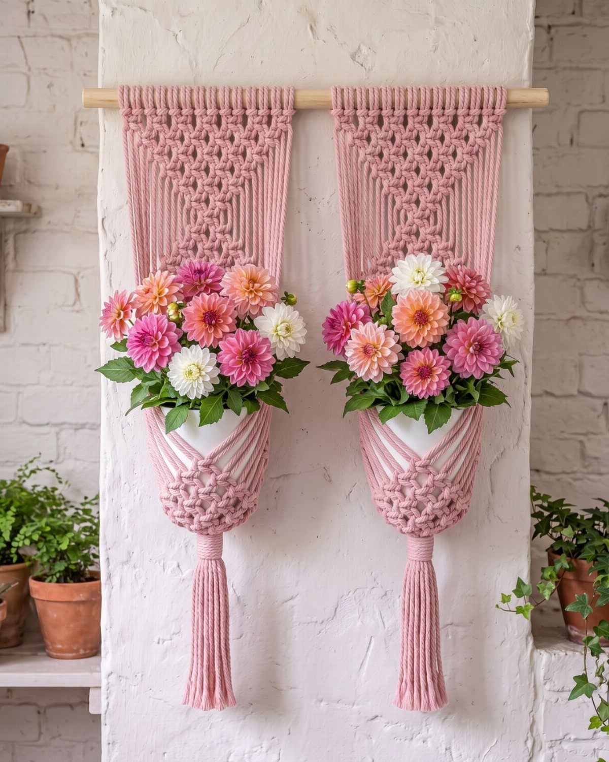 Two pink macramé plant hangers holding colorful dahlias against a white brick wall.