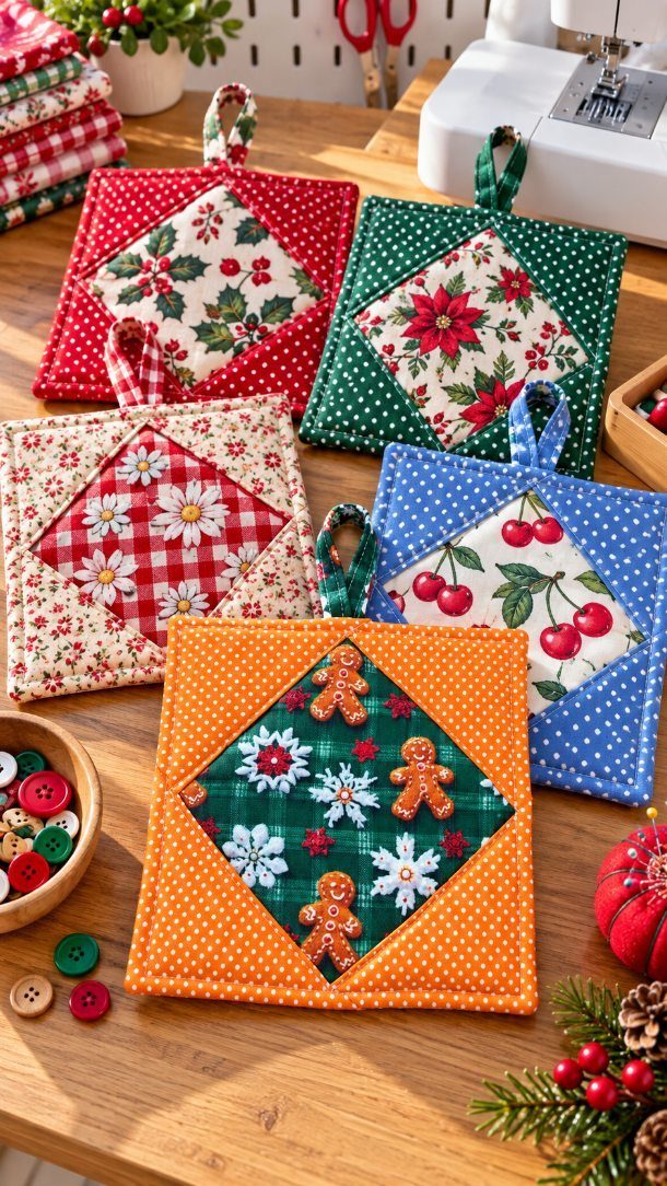 Colorful handmade fabric potholders with festive patterns on a wooden sewing table.