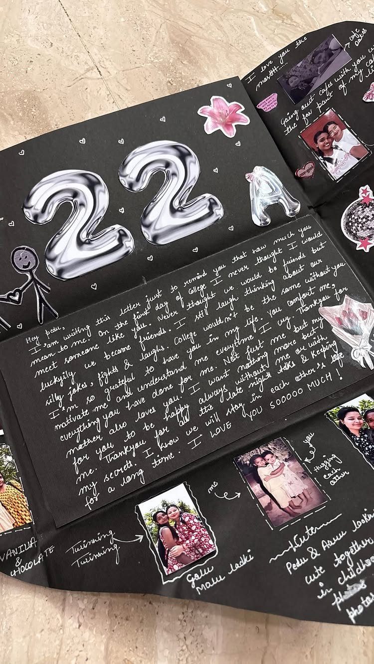 Handmade black birthday card with silver 22 balloons, photos, and handwritten white messages.