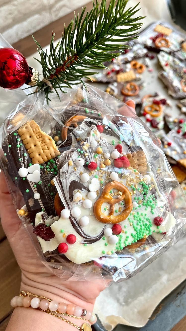 Chocolate bark with pretzels and sprinkles in a gift bag with pine branch