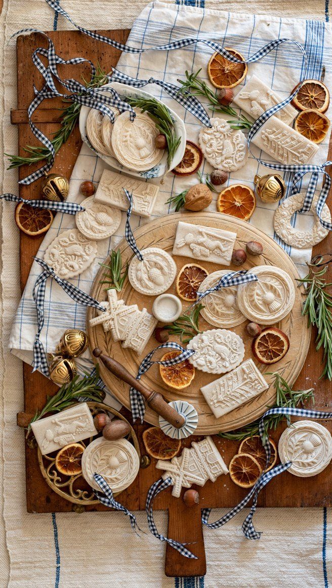 Handmade white embossed soaps with dried oranges and rosemary on a wooden board