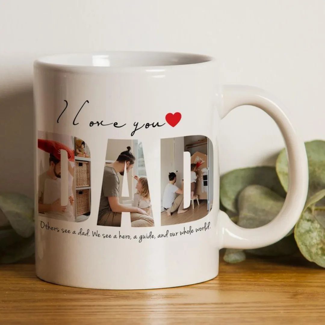 White ceramic coffee mug with personalized photos and text for Father's Day.
