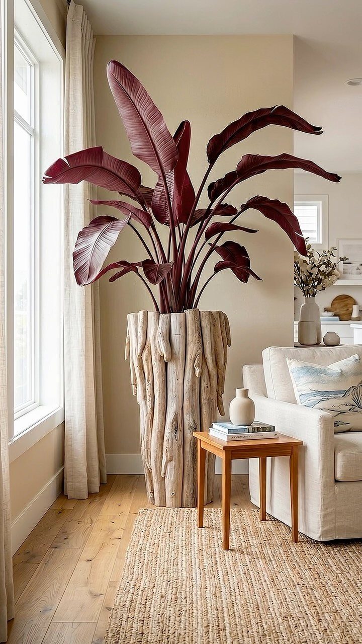 Driftwood planter with large red leaves in a bright, modern living room setting.