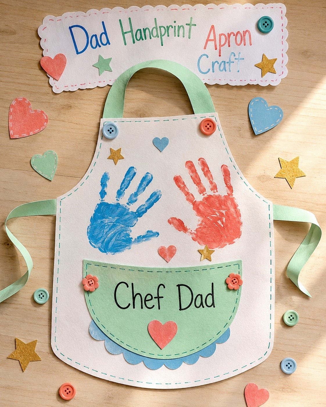 White custom apron with colorful handprints and Chef Dad text on a wooden background
