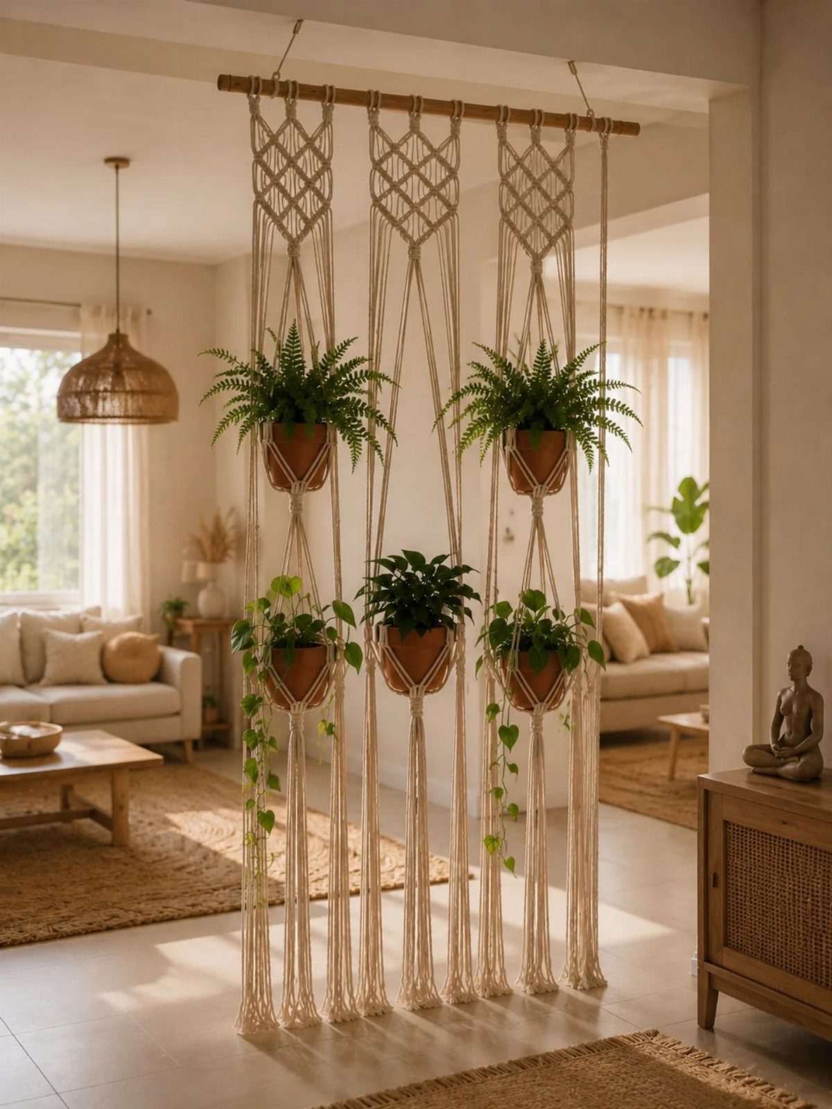 Macramé plant hanger holding five terracotta pots with green plants in a bright room