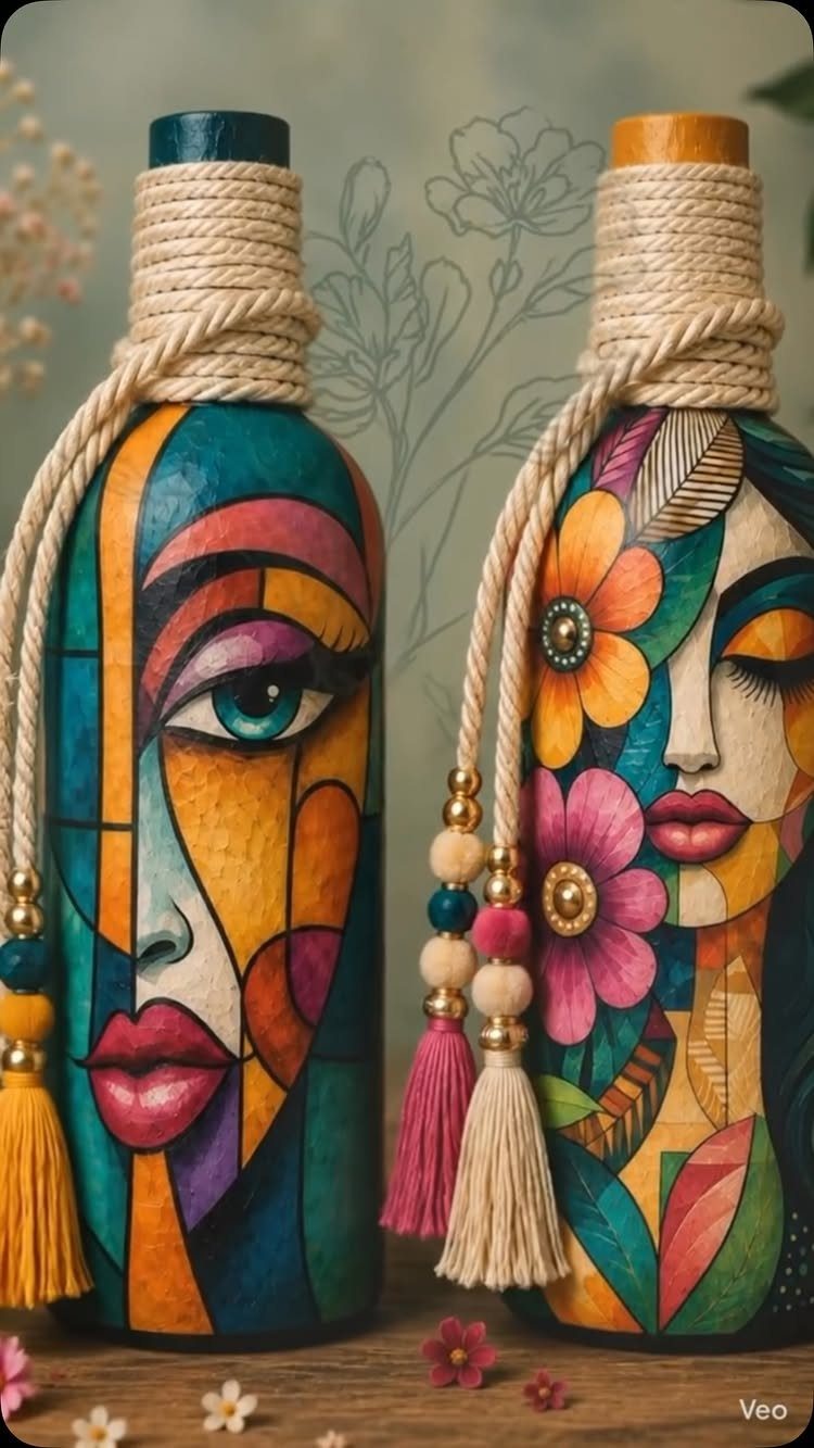 Two glass bottles painted with colorful abstract faces and decorated with rope tassels.