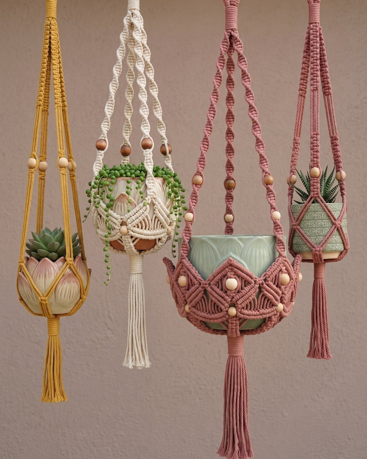 Four colorful macrame plant hangers holding small potted succulents against a neutral wall.
