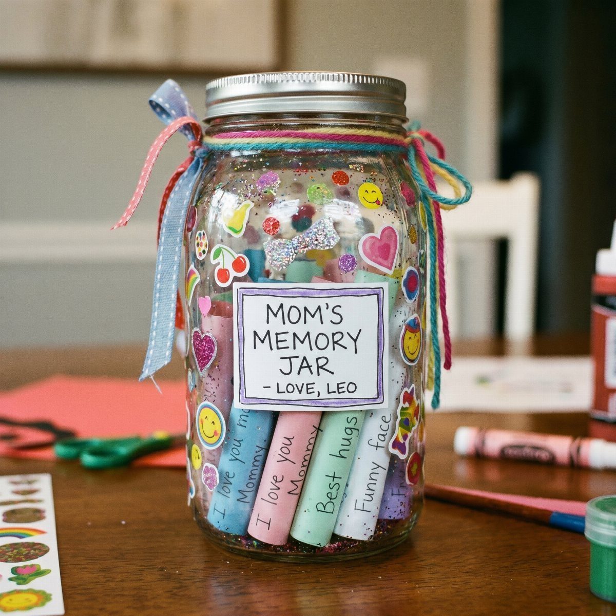 Glass memory jar filled with colorful notes and decorated with stickers and ribbons.
