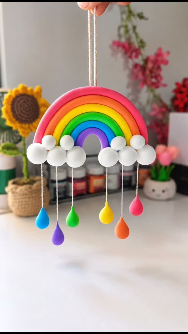 Colorful clay rainbow wall hanging with white clouds and hanging teardrop beads.