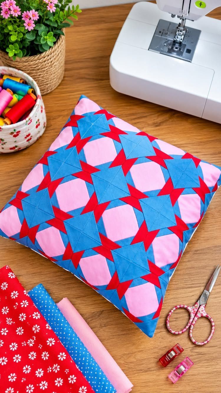 Patchwork fabric pillow on a wooden table next to a sewing machine and scissors.