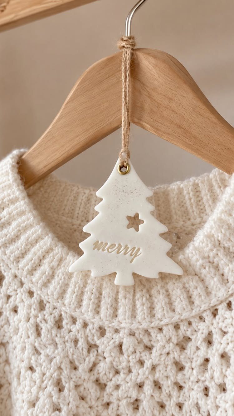 White tree-shaped ceramic ornament hanging from a wooden hanger over a knitted sweater