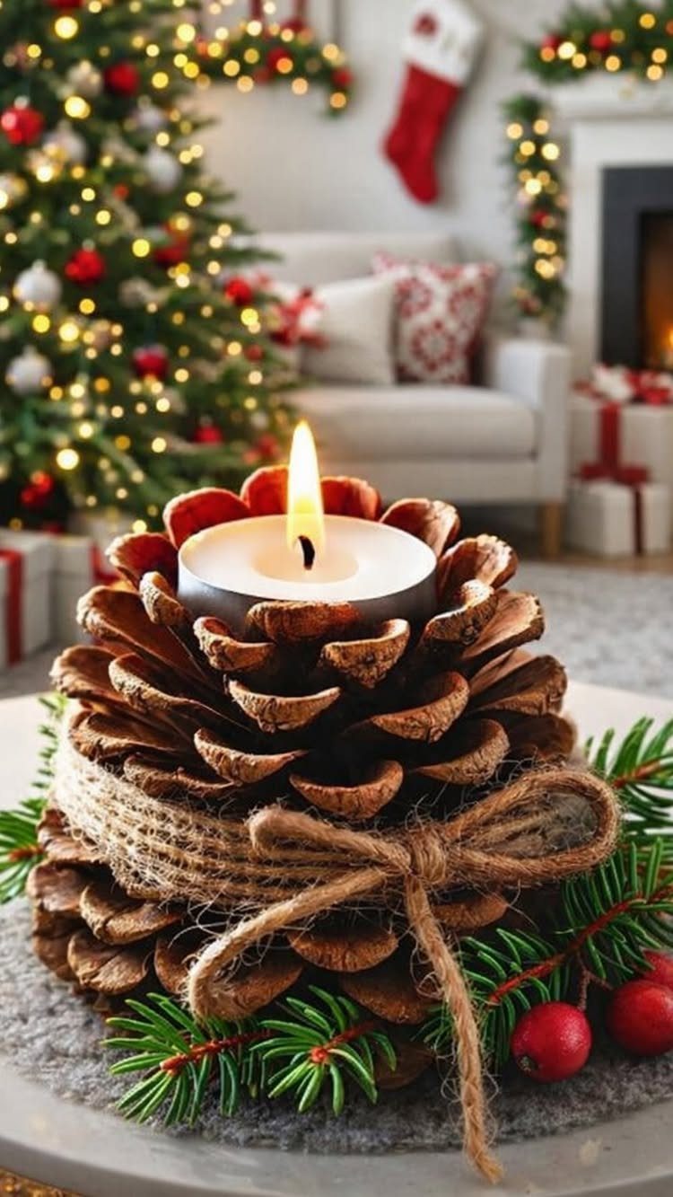 Lit tea light candle inside a pinecone tied with twine on pine needles