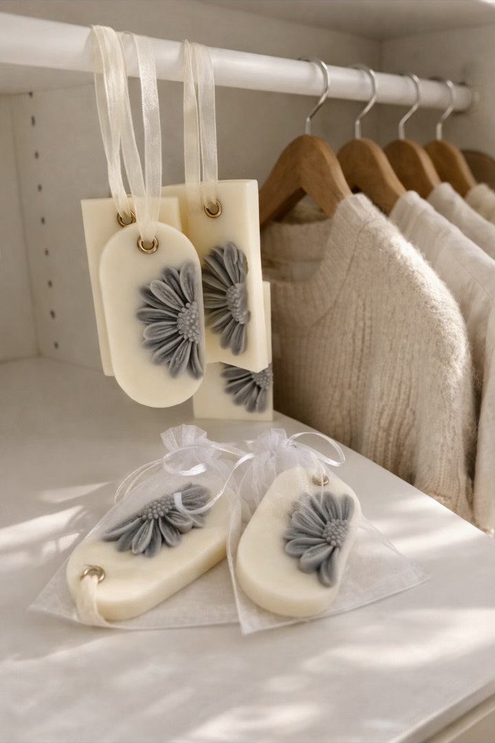 Cream wax sachets with grey flowers hanging in a closet and in organza bags.