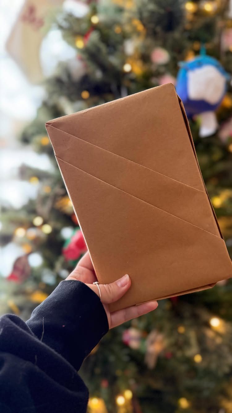 Brown kraft paper wrapped book held in front of a blurred Christmas tree