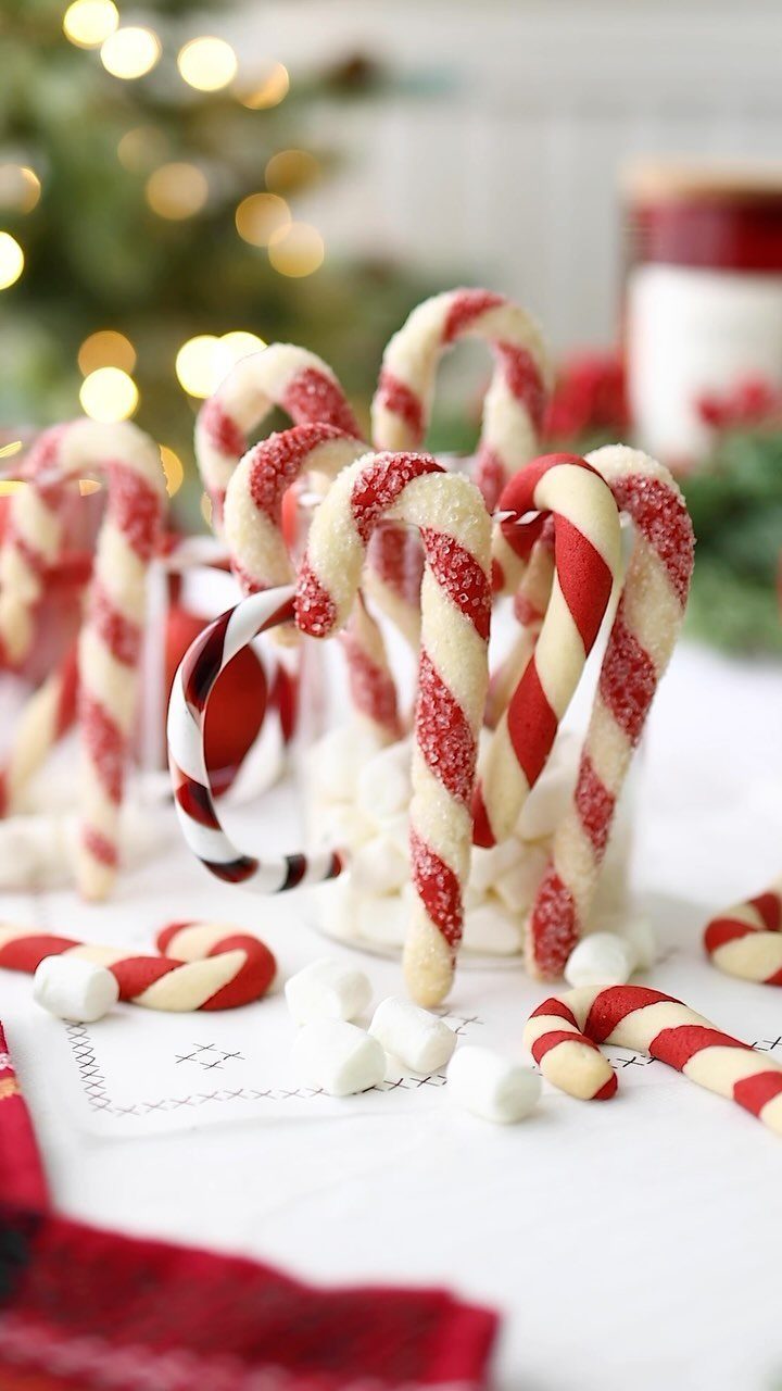 Glass mug filled with marshmallows and candy canes against a blurred Christmas background.
