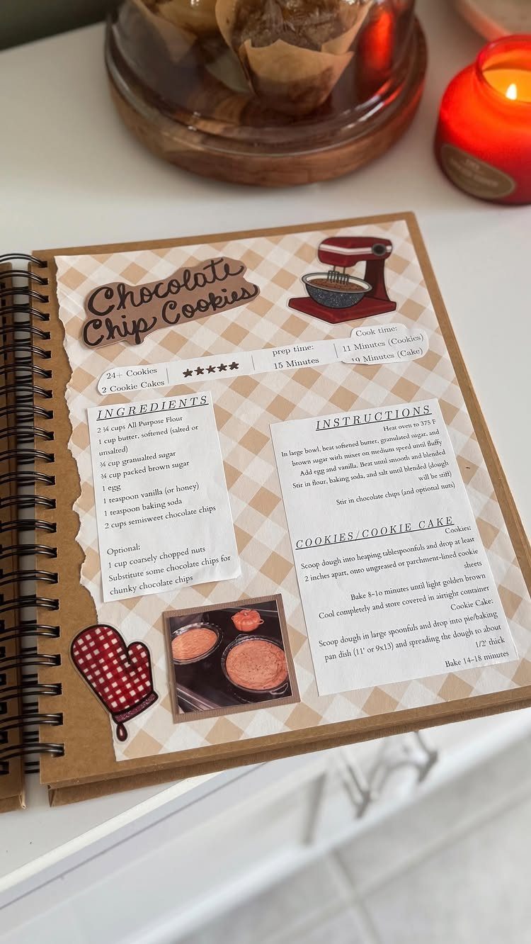 Spiral-bound recipe book open to a chocolate chip cookie page with decorative elements.