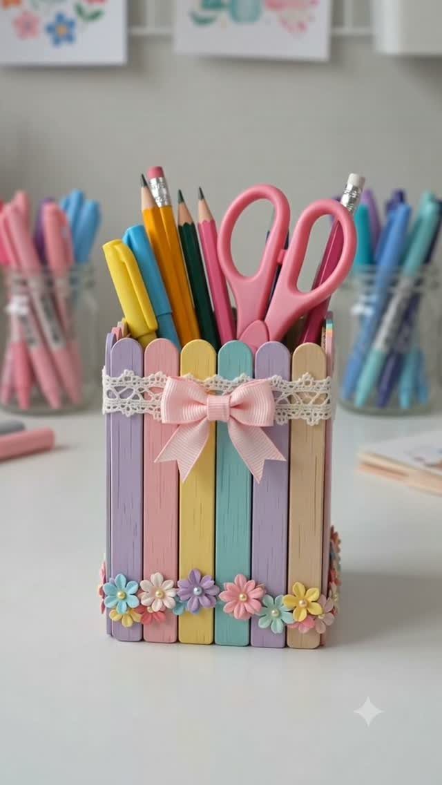 Pastel popsicle stick desk organizer holding colorful pencils, pens, and pink scissors.