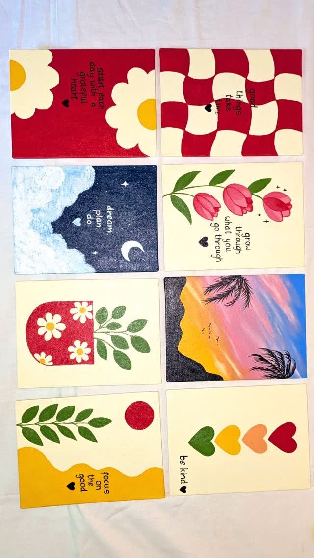 Eight small colorful paintings with motivational quotes and floral designs on white backgrounds.